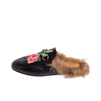 GUCCI Floral Embroidered Princetown Mules Black Women's