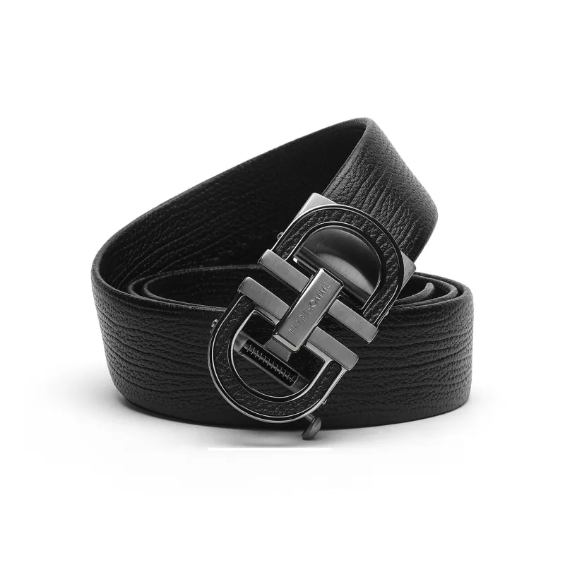 ELLE HOMME Automatic Buckle Belt Genuine Leather Trendy Steel Buckle Cow Leather Belts Men's Black Width 3.7cm-3