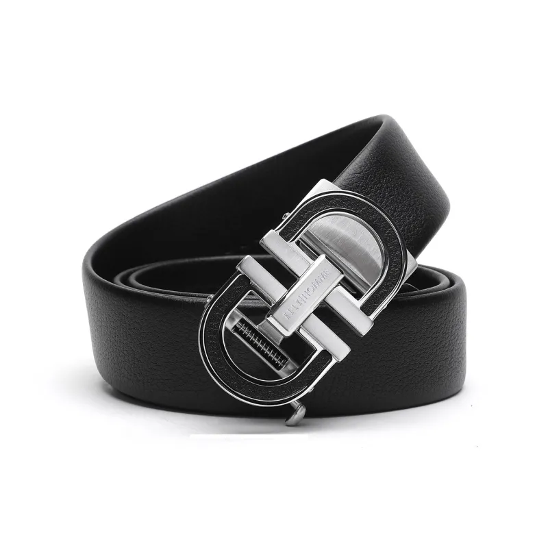 ELLE HOMME Automatic Buckle Belt Genuine Leather Trendy Steel Buckle Cow Leather Belts Men's Black Width 3.7cm-0