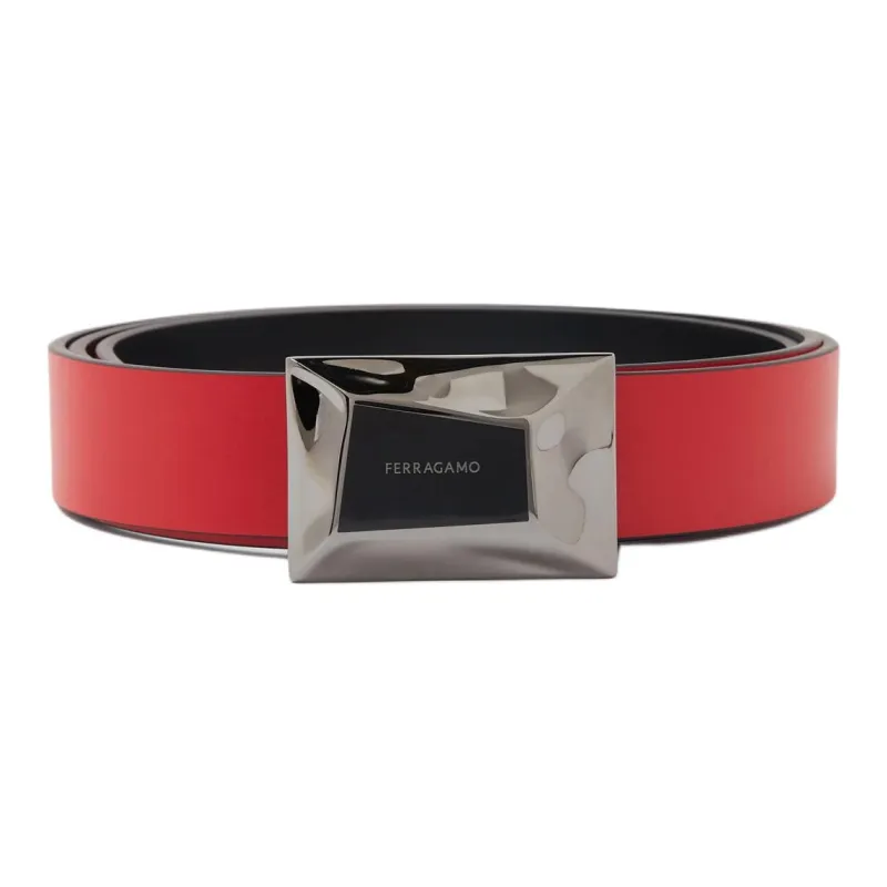 FERRAGAMO Double Sided Design Calfskin Leather Belts Men's Black/Flame Red Width 2.7cm-1