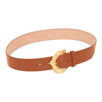 Chloe Floral 'C' Style Pin Buckle Brass Calfskin Leather Belts Women's Brown Width 3.5CM