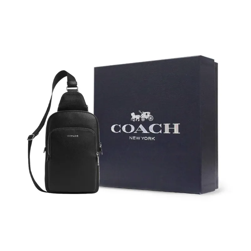 COACH Refined Pebbled Leather Sling Bag, Crossbody Bag Trumpets Men's Silver & Black-8