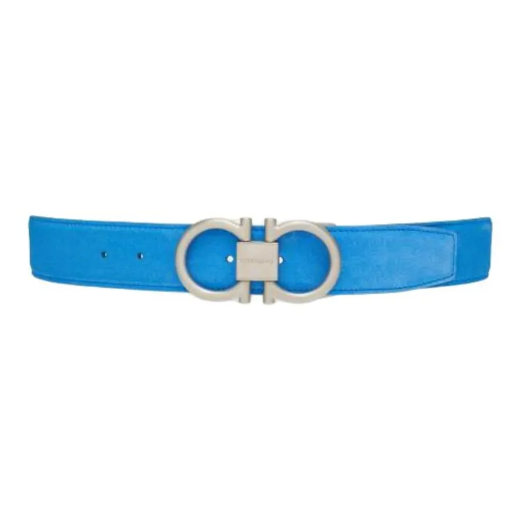 FERRAGAMO Gancini Logo Design, Smooth Buckle Suede, Suede, Palladium Plated Metal Leather Belts Men's Blue Width 3.5CM-1