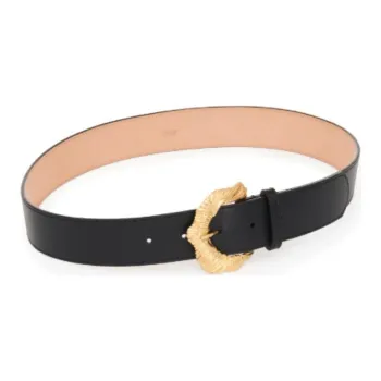 Chloe Handmade Textured Floral 'C' Shaped Pin Buckle Calfskin Brass Leather Belts Women's Black Width 3.5CM