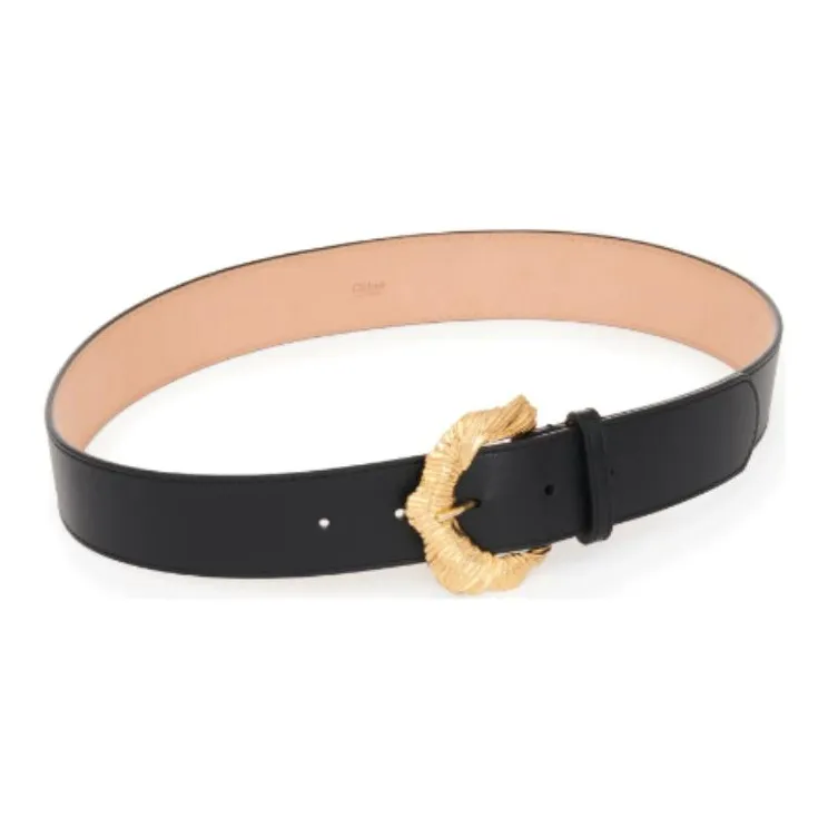 Chloe Handmade Textured Floral 'C' Shaped Pin Buckle Calfskin Brass Leather Belts Women's Black Width 3.5CM-0