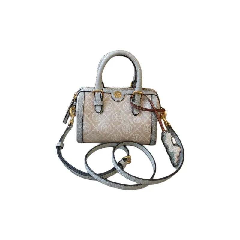 TORY BURCH T Monogram Leather Boston Bag, Shoulder Bag, Crossbody Bag, Handbag Mini Women's Mist Gray-1