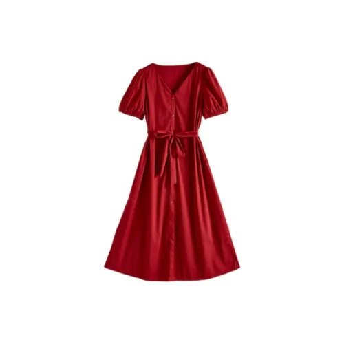 SLLSKY Short-Sleeved Dresses Women's Vintage Red