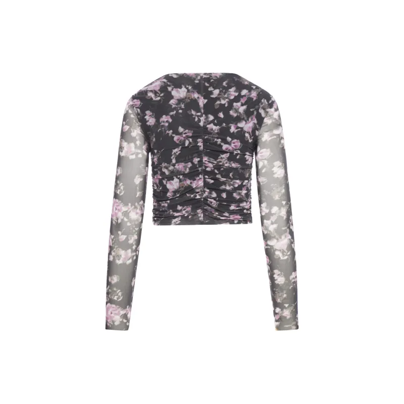 GANNI Phantom Floral Printed Mesh Ruched Blouse-1