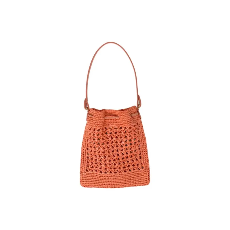 MIU MIU Woven Fabric With Leather Bucket Bag, One Shoulder Handbag Mini Women's Tulip With Cognac-1