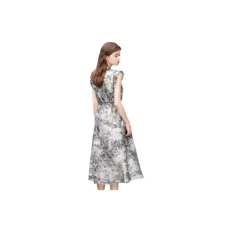 TOUCH Short Sleeved Dress Women's Beige With Black And Gray Painting-1