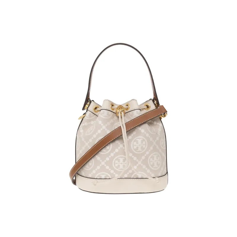 TORY BURCH T Monogram Embossed Logo Bucket Bag Almond White-0