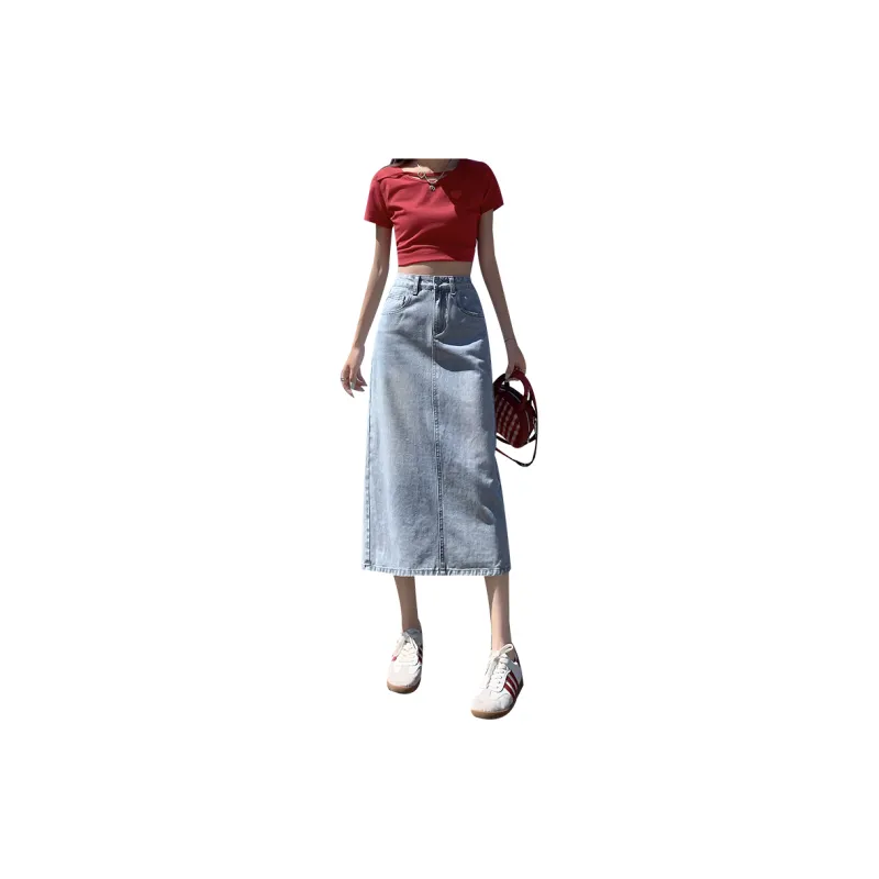 ZAZN Denim Long Skirts Women's Light Blue-1