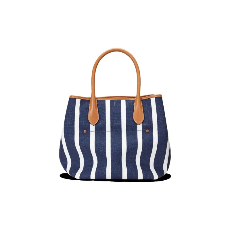 Polo Ralph Lauren Bellport Fabric With Canvas Tote Bag Shopping Bag Handbag Medium Size Women's Dark Blue & White-2