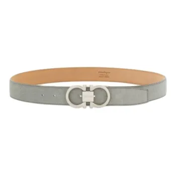 FERRAGAMO Logo Design Gancini Smooth Buckle Suede, Suede, Palladium Plated Metal Leather Belts Men's Green Width 3.5CM