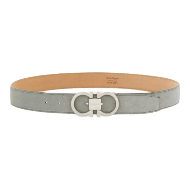 FERRAGAMO Logo Design Gancini Smooth Buckle Suede, Suede, Palladium Plated Metal Leather Belts Men's Green Width 3.5CM-0