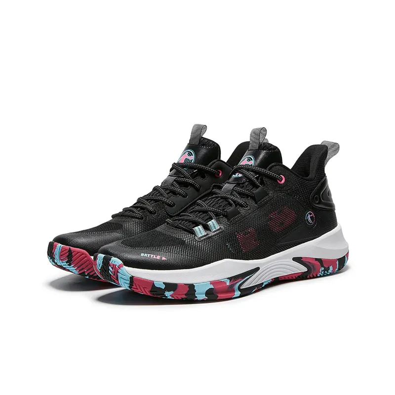 QIAODAN Durable Breathable Mid Top Basketball Shoes Men's Black Pink-2