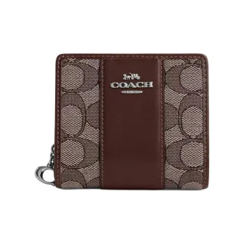 COACH Snap Wallet Iconic Jacquard With Exquisite Calfskin Wallet Mini Women's Silver & Oak & Maple