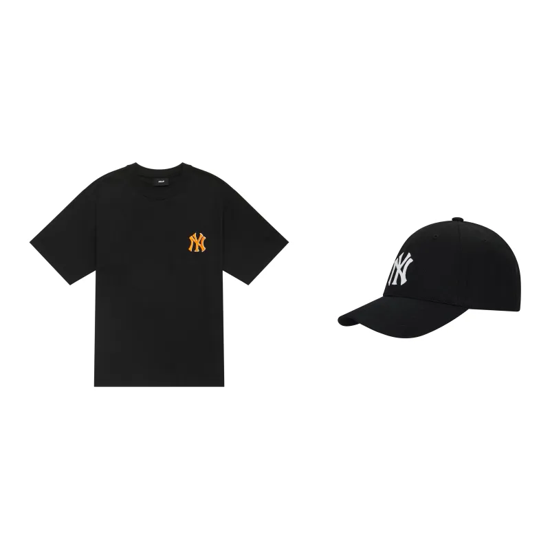 MLB Monogram Crew Neck Short Sleeved T Shirts Classic Large Star Same Style Sun Hat Combination Couple Unisex Black-1