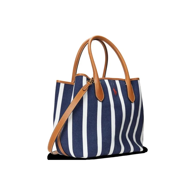 Polo Ralph Lauren Bellport Fabric With Canvas Tote Bag Shopping Bag Handbag Medium Size Women's Dark Blue & White-1