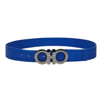 FERRAGAMO Badge Styling Smooth Buckle Calfskin Fabric Leather Belts Men's Blue Width  4CM
