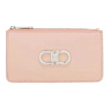 FERRAGAMO GANCINI Calfskin Card Holder, Wallet Women's Nylon Pink & Optical White
