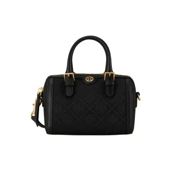 TORY BURCH T Monogram Fabric Cow Leather Patchwork Barrel Bag Handbags Shoulder Bags Small Size Women's Black