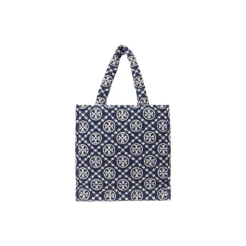 TORY BURCH T Monogram Terry Cloth Cotton Blend Fabric Tote Bag Shopping Bag Handbag Shoulder Bag Women's Marine Blue