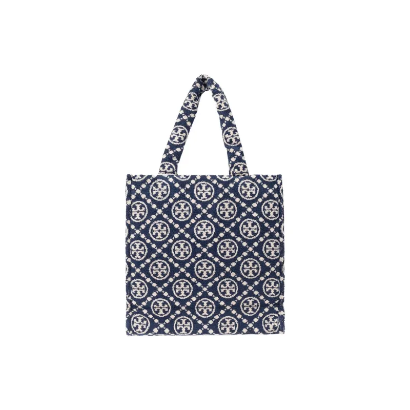 TORY BURCH T Monogram Terry Cloth Cotton Blend Fabric Tote Bag Shopping Bag Handbag Shoulder Bag Women's Marine Blue-0