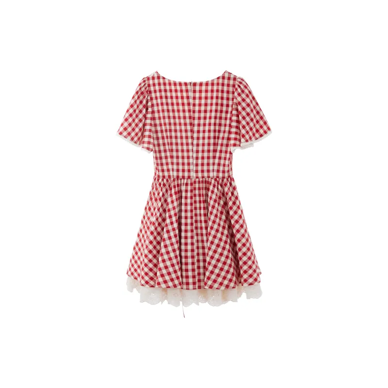 Blovelan Short-Sleeved Dresses Women's Red Plaid-1