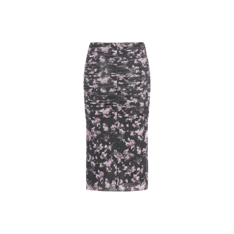 GANNI Phantom Floral Printed Mesh Ruched Midi Skirt-1
