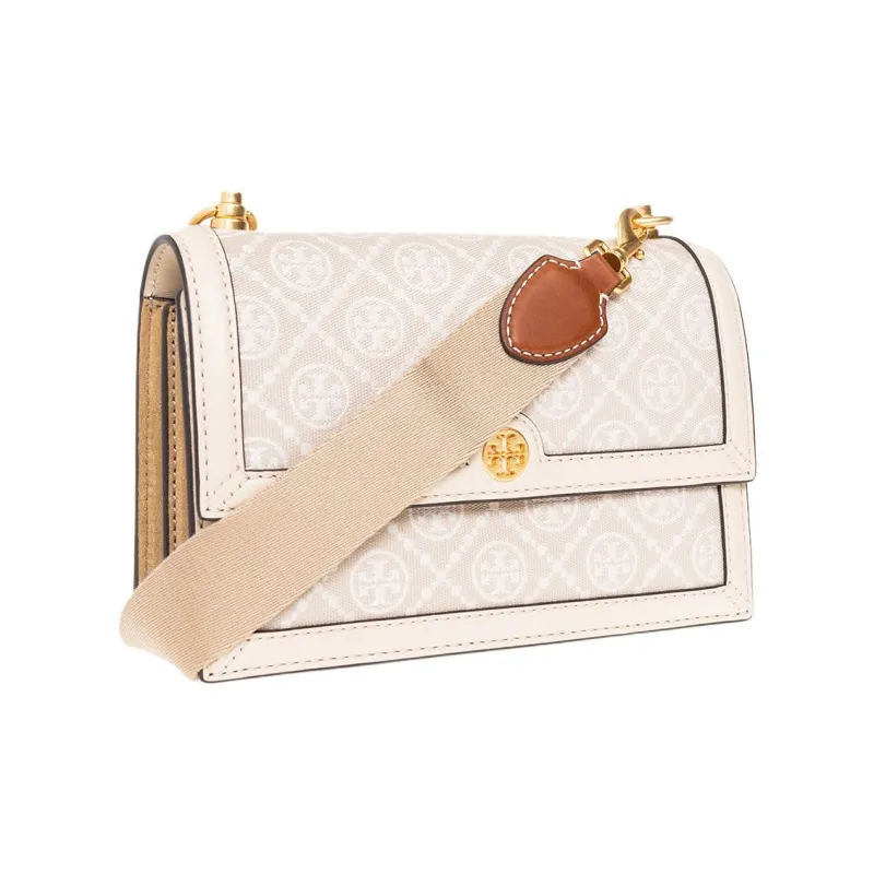 TORY BURCH T Monogram Fabric With Leather Trim Crossbody Bag Shoulder Bag Small Size Women's Almond White-3