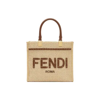 FENDI Sunshine Raffia With Leather Tote Bag Shopping Bag Shoulder Bag Crossbody Bag Handbag Small Size Women's Beige