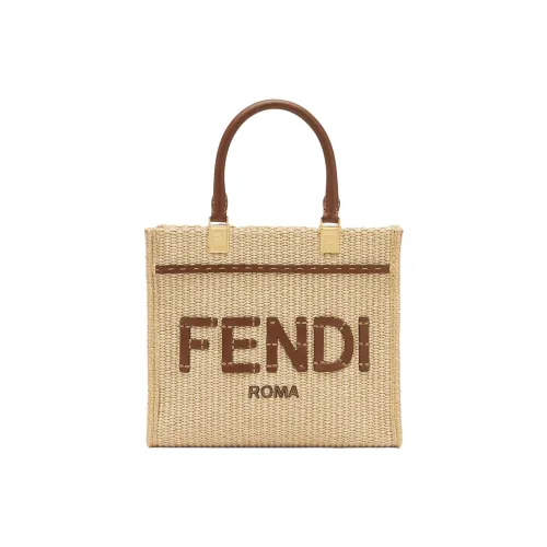 FENDI Sunshine Raffia With Leather Tote Bag Shopping Bag Shoulder Bag Crossbody Bag Handbag Small Size Women's Beige