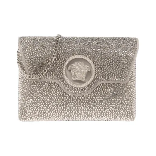 VERSACE La Medusa Satin With Crystal Accents Clutch Women's Silver