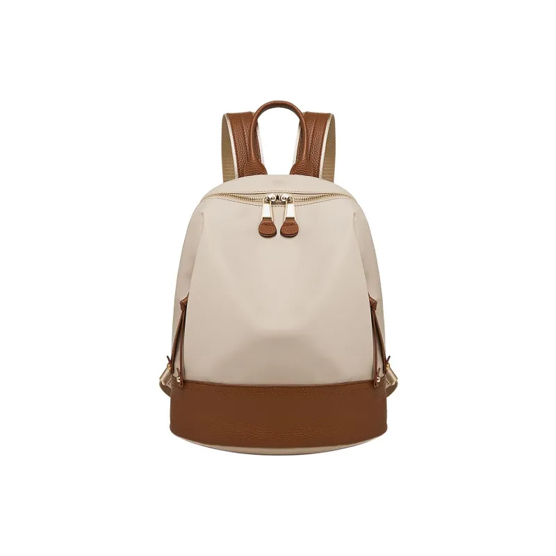 Marino Orlandi Fabric With Leather Patchwork Nylon Fabric Backpack Medium Size Women's Black/Khaki/Apricot-13