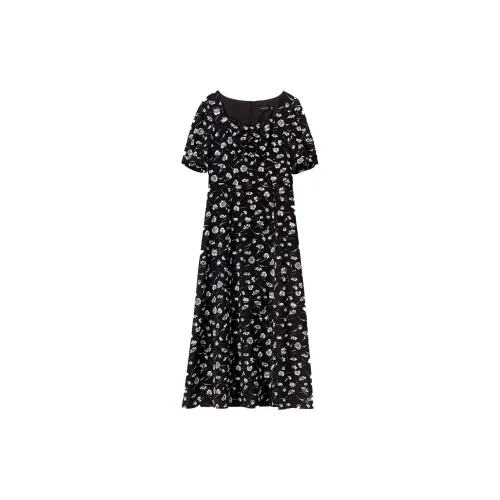 FANQIN Short Sleeved Dresses Women's Black With White Floral
