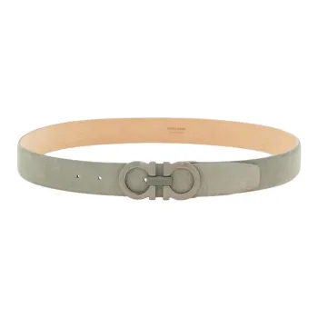 FERRAGAMO Letter Logo Smooth Buckle Suede Leather Belts Men's Gray Width 3.5CM