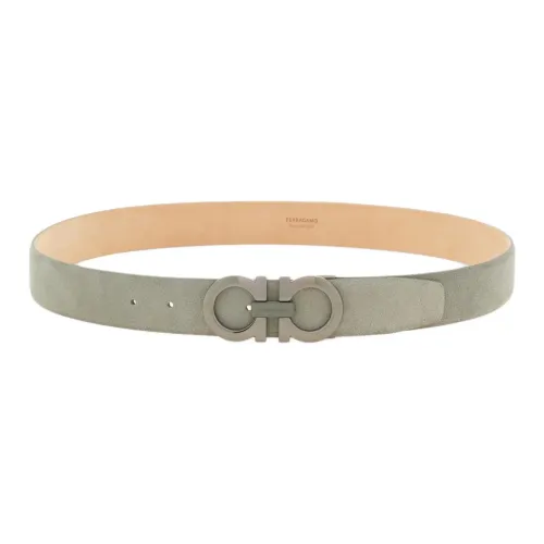 FERRAGAMO Letter Logo Smooth Buckle Suede Leather Belts Men's Gray Width 3.5CM