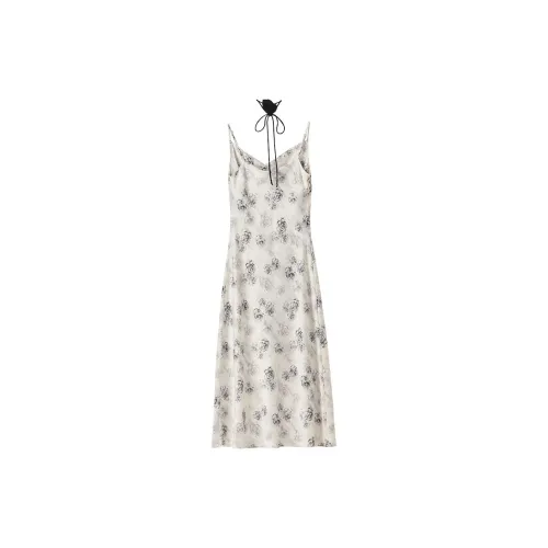 FANQIN Slip Dresses Women's Apricot Base With Black Flowers