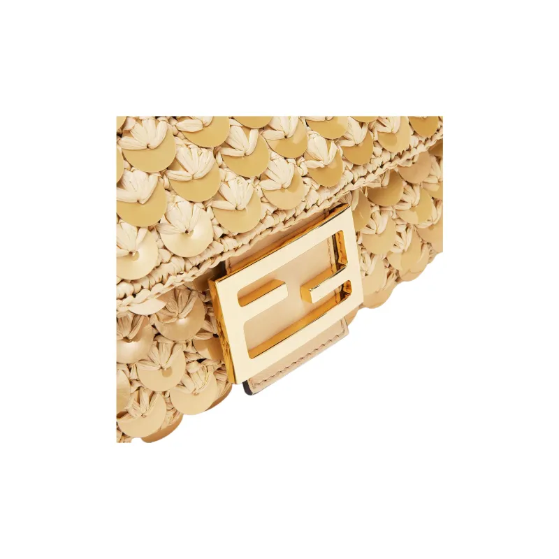 FENDI Baguette Viscose Shoulder Bag Crossbody Bag Handbag Medium Size Women's Gold Luster-4