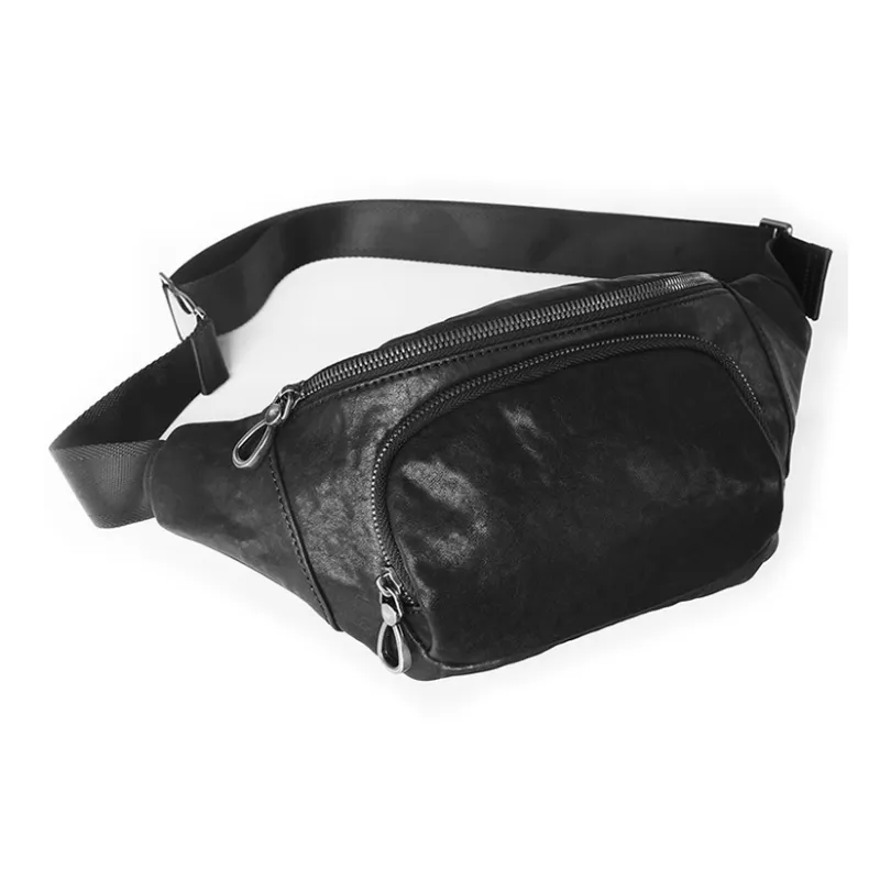 DOSRFINI Top Grain Cow Leather Trendy Casual Sports Sling Bag Regular Men's Black-4