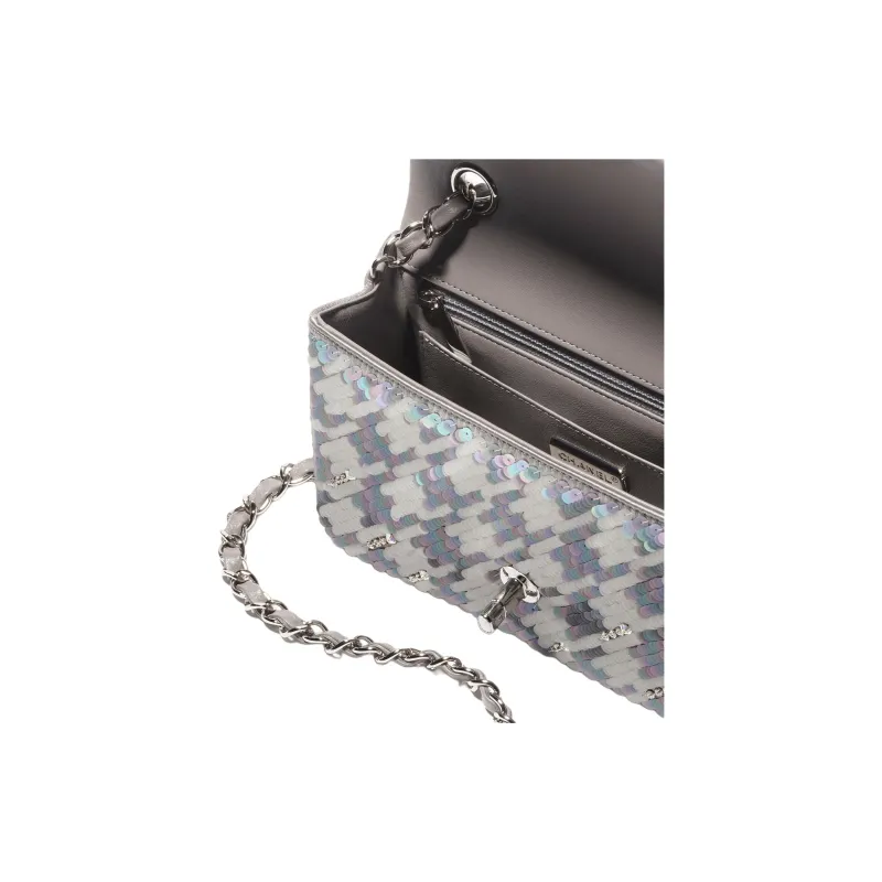 CHANEL Embroidery Satin Thread Crossbody Bag, Shoulder Bag Women's Gray & White-2
