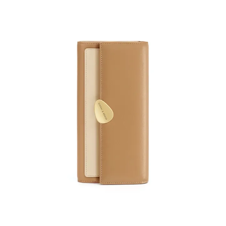 Simvay Clos Cow Leather Patchwork Synthetic Leather Wallet Women's Apricot-2