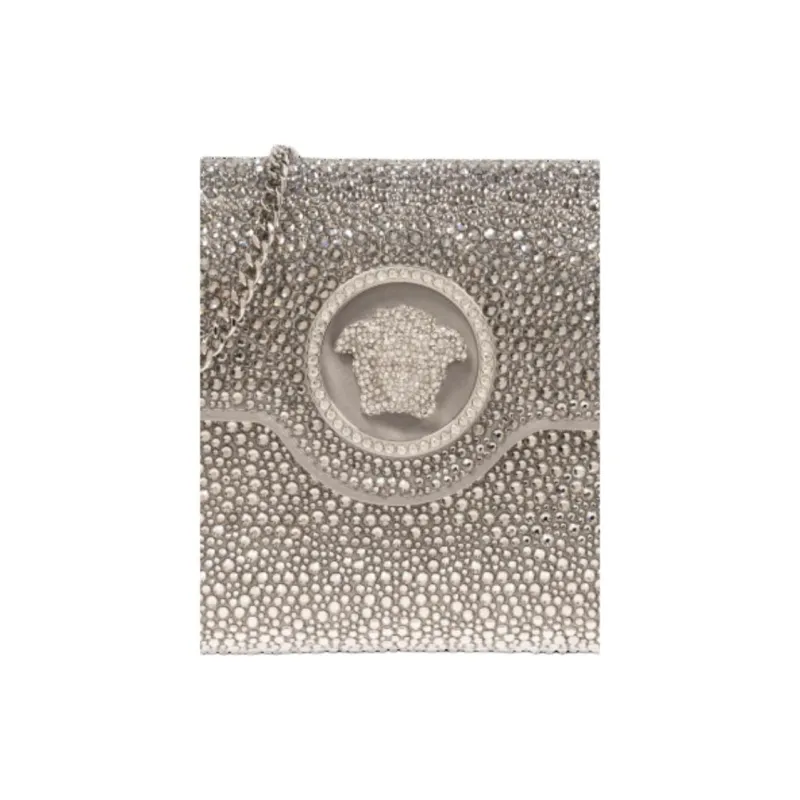 VERSACE La Medusa Satin With Crystal Accents Clutch Women's Silver-4