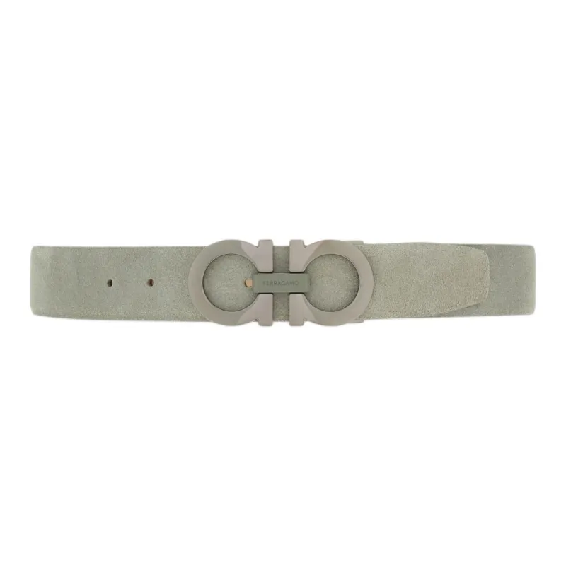 FERRAGAMO Letter Logo Smooth Buckle Suede Leather Belts Men's Gray Width 3.5CM-1