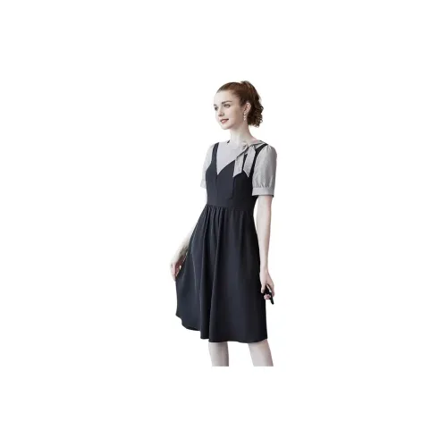 Luxury Short-Sleeved Dresses Women's Black With Light Gray