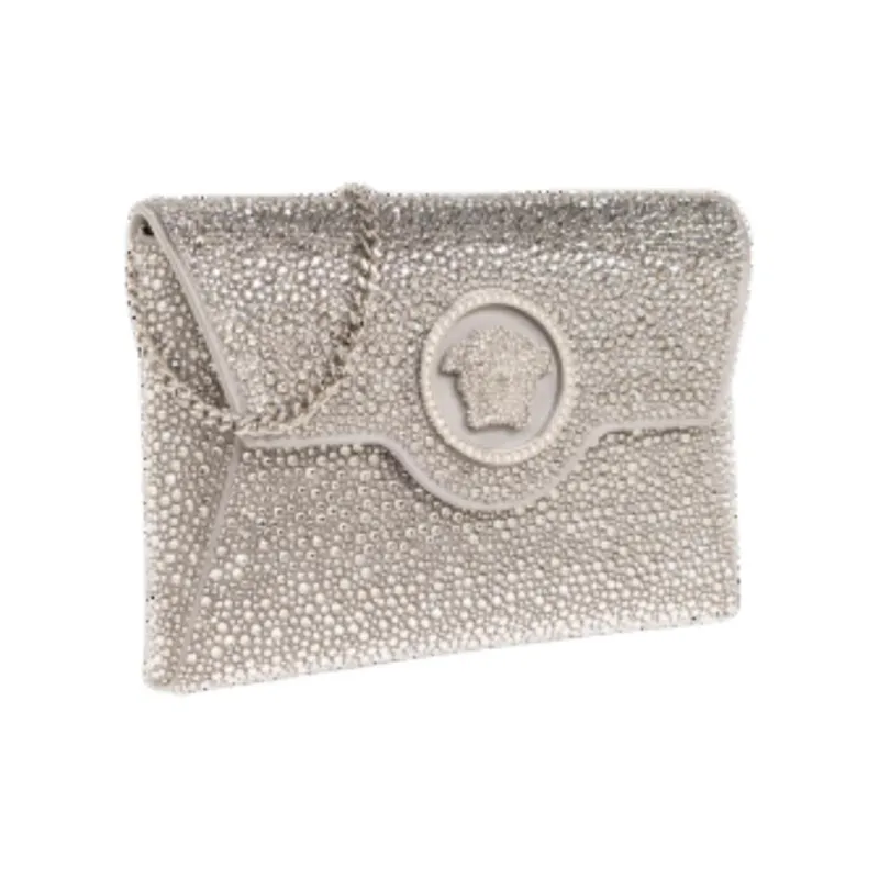 VERSACE La Medusa Satin With Crystal Accents Clutch Women's Silver-1