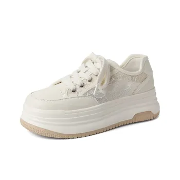 JOSINY Mesh Surface White Sneakers Lightweight Breathable Height Increasing Low Top Skateboard Shoes Women's Ecru