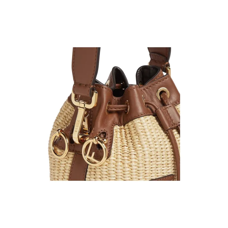 FENDI Mon Tresor Raffia Bucket Bags One Shoulder Handbags Small Size Women's Beige-4
