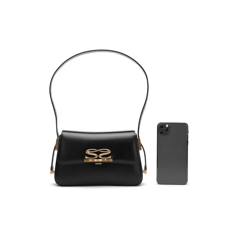 Satchi Cowhide Leather Shoulder Bag Small Size Women's Black Light Blue-5